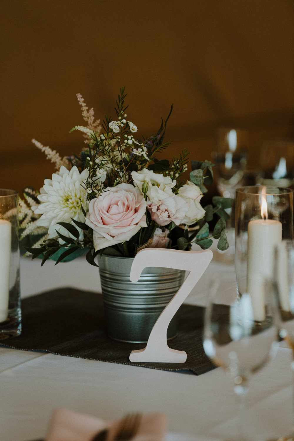 Tin Bucket Flowers Centrepiece Decor Table Candles Number Bre Pen Farm Wedding Nick Walker Photography