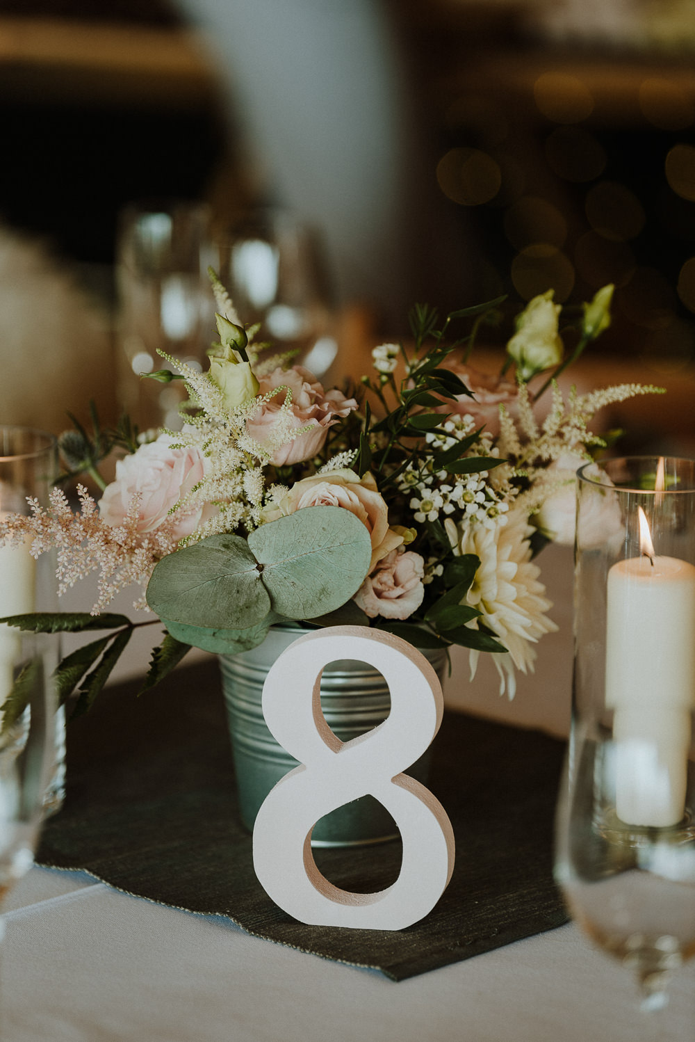 Tin Bucket Flowers Centrepiece Decor Table Candles Number Bre Pen Farm Wedding Nick Walker Photography