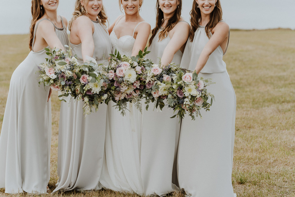 Bouquet Flowers Bride Bridal Pink Rose Dahlia Astilbe Greenery Foliage RIbbon Bridesmaids Bre Pen Farm Wedding Nick Walker Photography