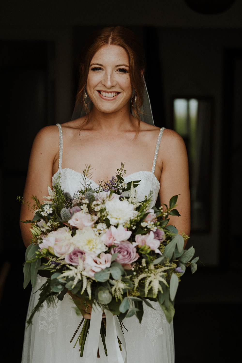 Bouquet Flowers Bride Bridal Pink Rose Dahlia Astilbe Greenery Foliage RIbbon Bre Pen Farm Wedding Nick Walker Photography