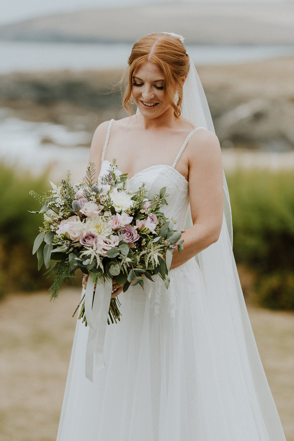 Bouquet Flowers Bride Bridal Pink Rose Dahlia Astilbe Greenery Foliage RIbbon Bre Pen Farm Wedding Nick Walker Photography