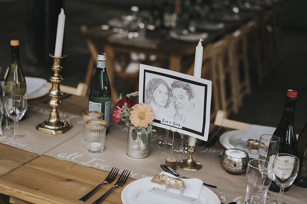 Table Runner Brass Candlesticks Celestial Cow Shed Wedding Tora Baker Photography