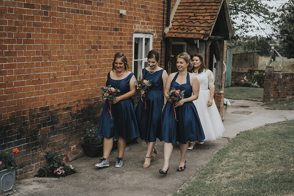 Mismatched Navy Blue Bridesmaids Tea Length Celestial Cow Shed Wedding Tora Baker Photography