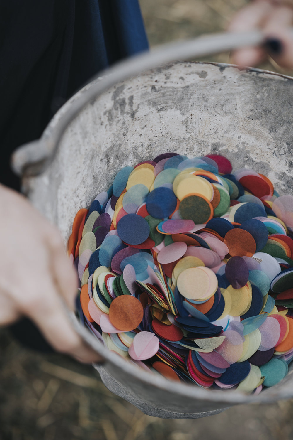 Confetti Bucket Pail Tissue Paper Discs Celestial Cow Shed Wedding Tora Baker Photography