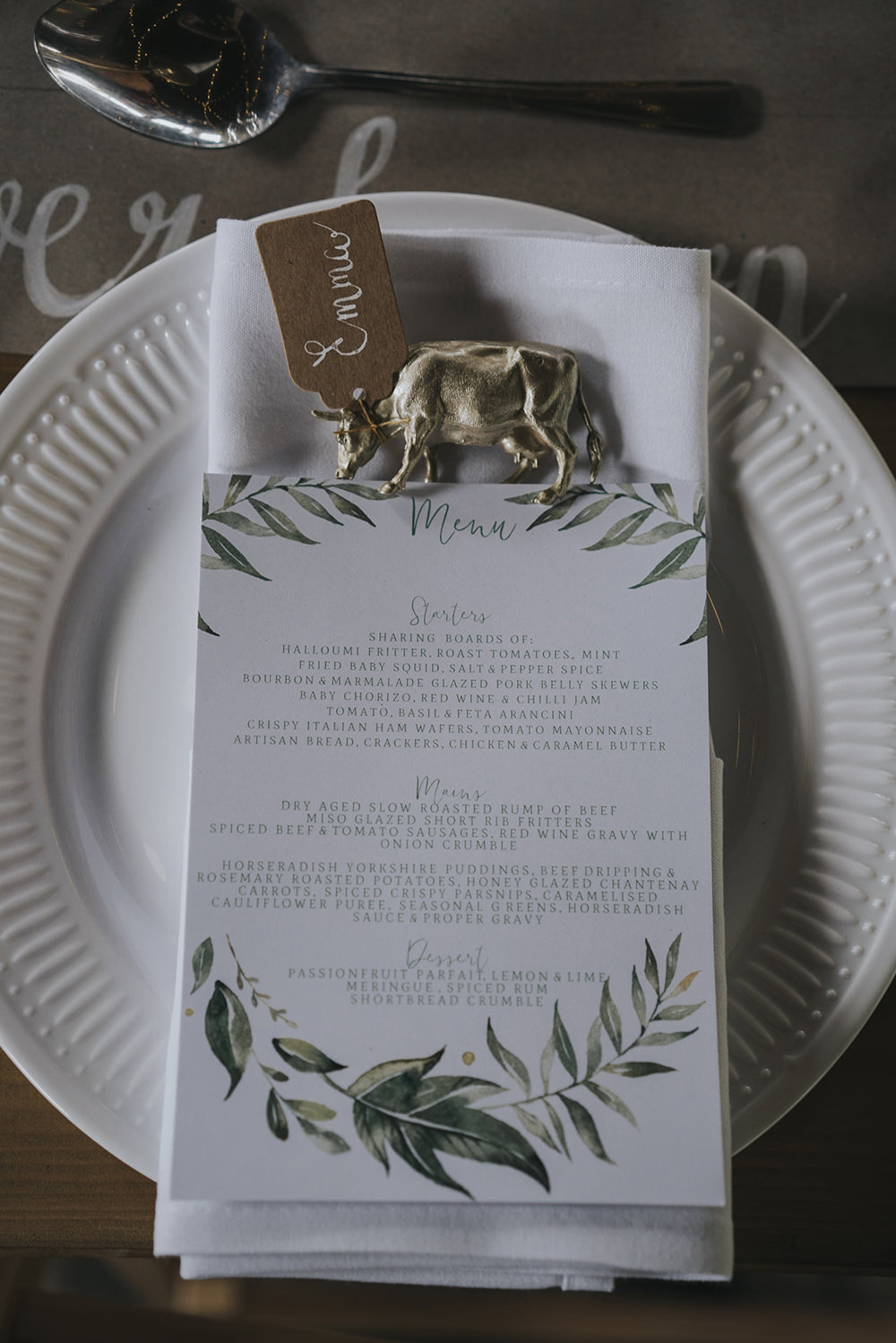 Menu Gold Cow Name Card Place Tag Celestial Cow Shed Wedding Tora Baker Photography