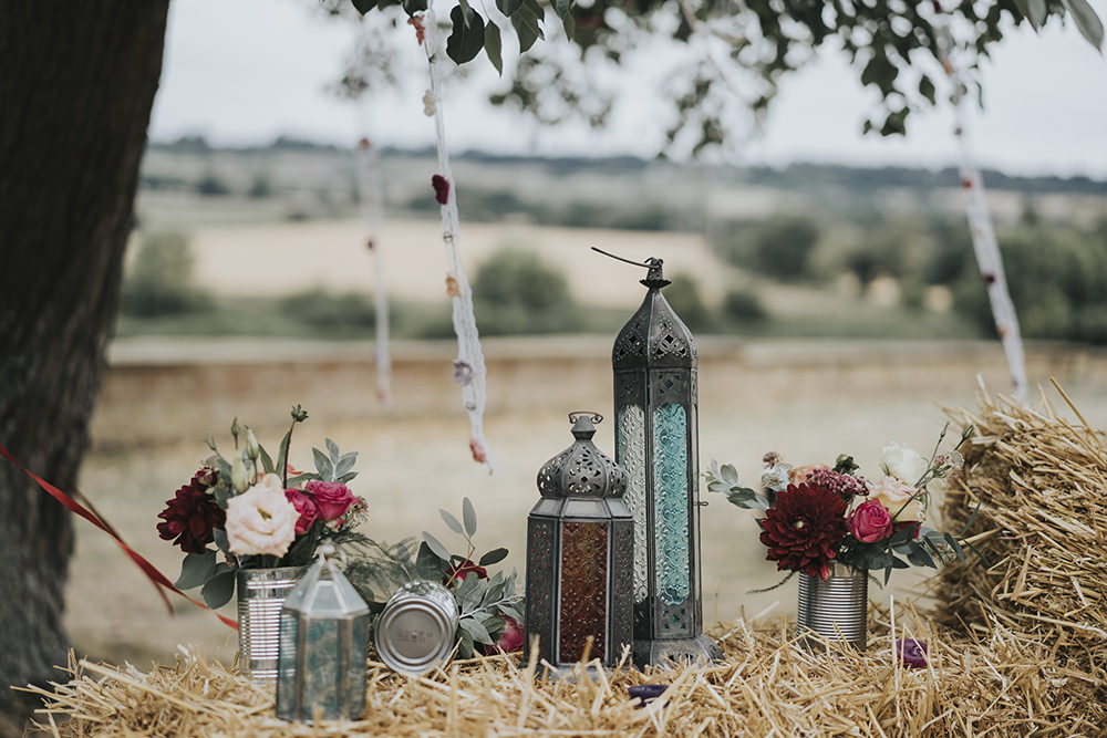 Coloured Moroccan Lanterns Floral Flowers Tin Can Hay Bale Celestial Cow Shed Wedding Tora Baker Photography