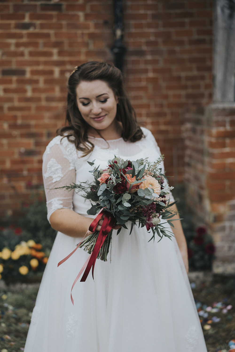 Bride Bridal Dress Gown Overlay Belt See Through Sleeves Burgundy Coral Dahlia Eucalyptus Bouquet Celestial Cow Shed Wedding Tora Baker Photography