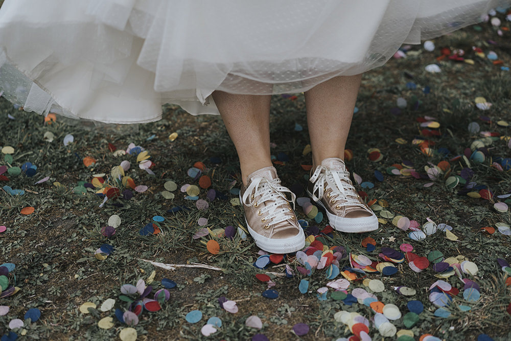Bride Bridal Metallic Trainers Confetti Celestial Cow Shed Wedding Tora Baker Photography