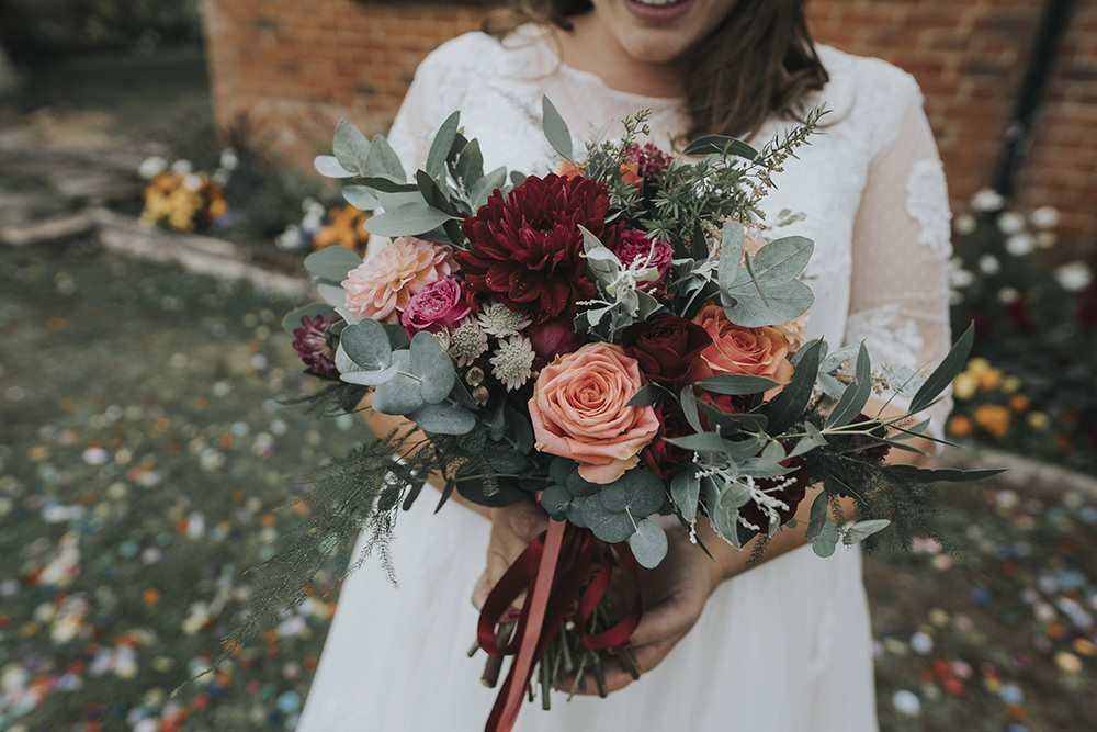 Bride Bridal Bouquet Rose Dahlia Burgundy Coral Eucalyptus Celestial Cow Shed Wedding Tora Baker Photography