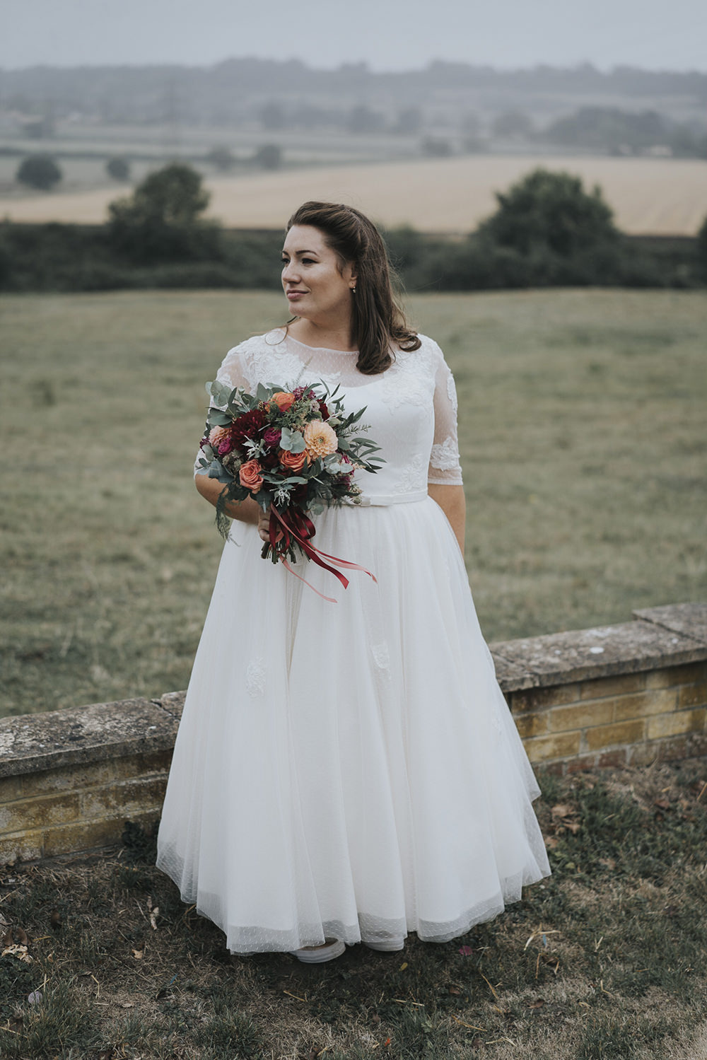 Bride Bridal Dress Gown Overlay Belt See Through Sleeves Bouquet Dahlia Burgundy Coral Celestial Cow Shed Wedding Tora Baker Photography