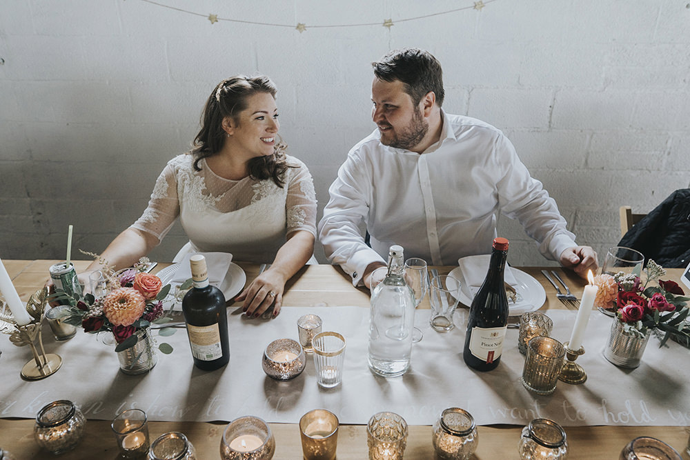 Bride Bridal Dress Gown Overlay Belt See Through Sleeves Open Shirt Groom Table Candles Votive Celestial Cow Shed Wedding Tora Baker Photography