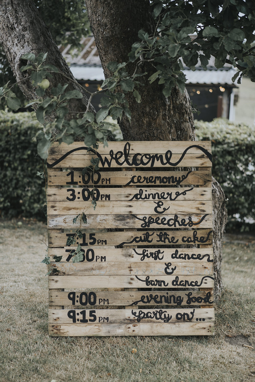 Welcome Order of Day Timings Pallet Calligraphy Celestial Cow Shed Wedding Tora Baker Photography