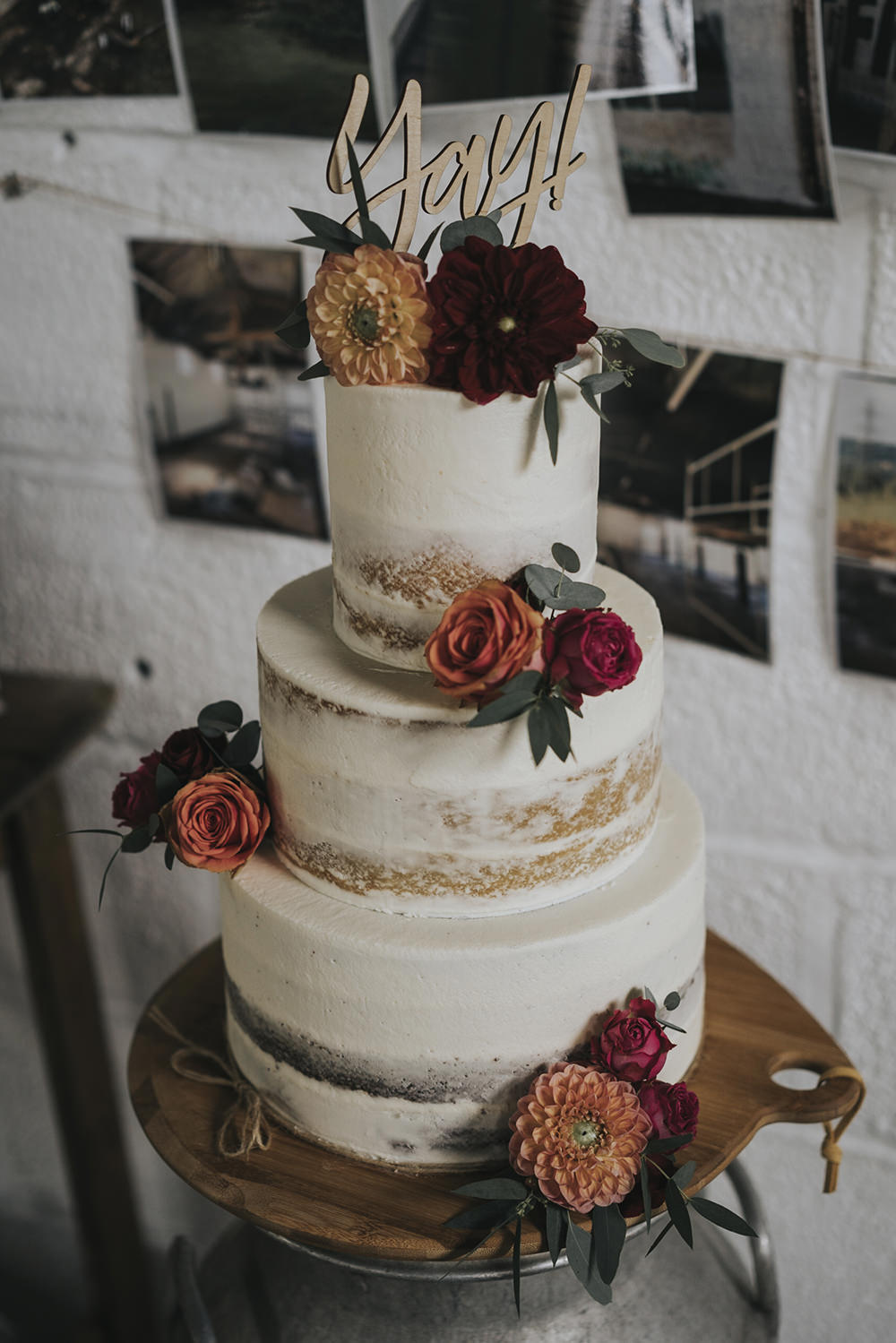 Semi Naked Buttercream Cake Laser Cut Topper Dahlia Rose Burgundy Coral Celestial Cow Shed Wedding Tora Baker Photography