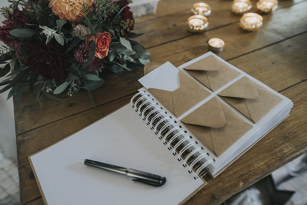 Guest Book Tea Lights Floral Flowers Dahlia Burgundy Peach Coral Celestial Cow Shed Wedding Tora Baker Photography