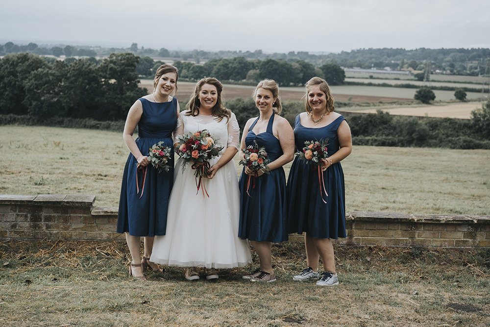 Bride Bridal Dress Gown Overlay Belt See Through Sleeves Mismatched Blue Bridesmaids Celestial Cow Shed Wedding Tora Baker Photography