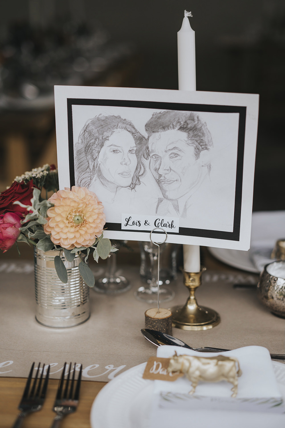 TV Superman Sketch Table Name Flowers Floral Tin Can Candle Celestial Cow Shed Wedding Tora Baker Photography