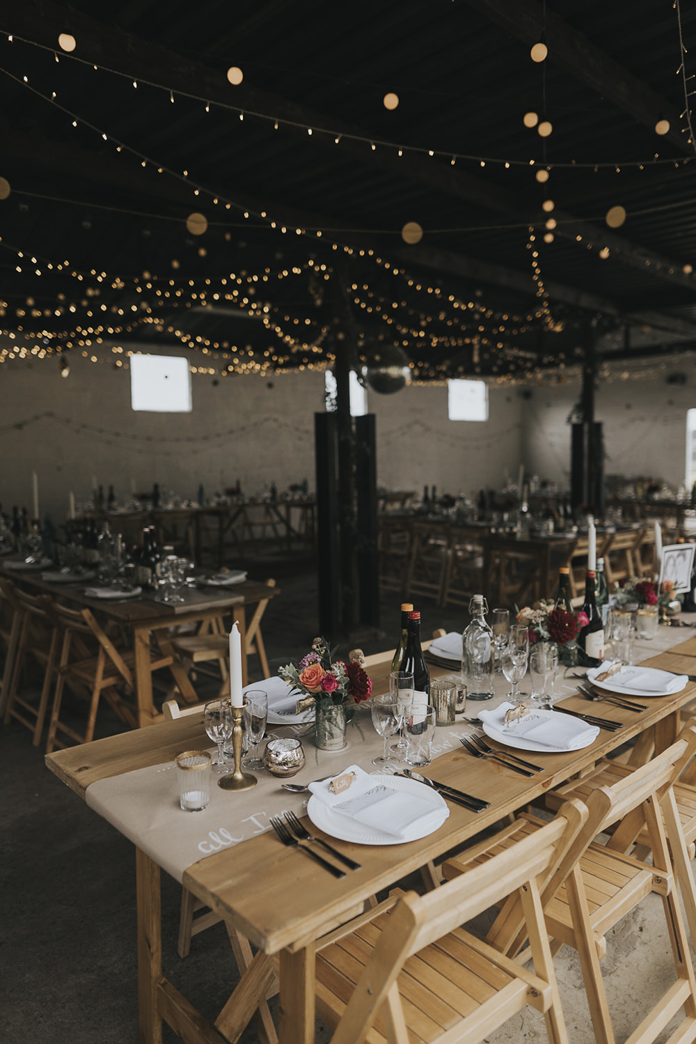 Table Runner Festoon Lighting Brass Candlesticks Celestial Cow Shed Wedding Tora Baker Photography