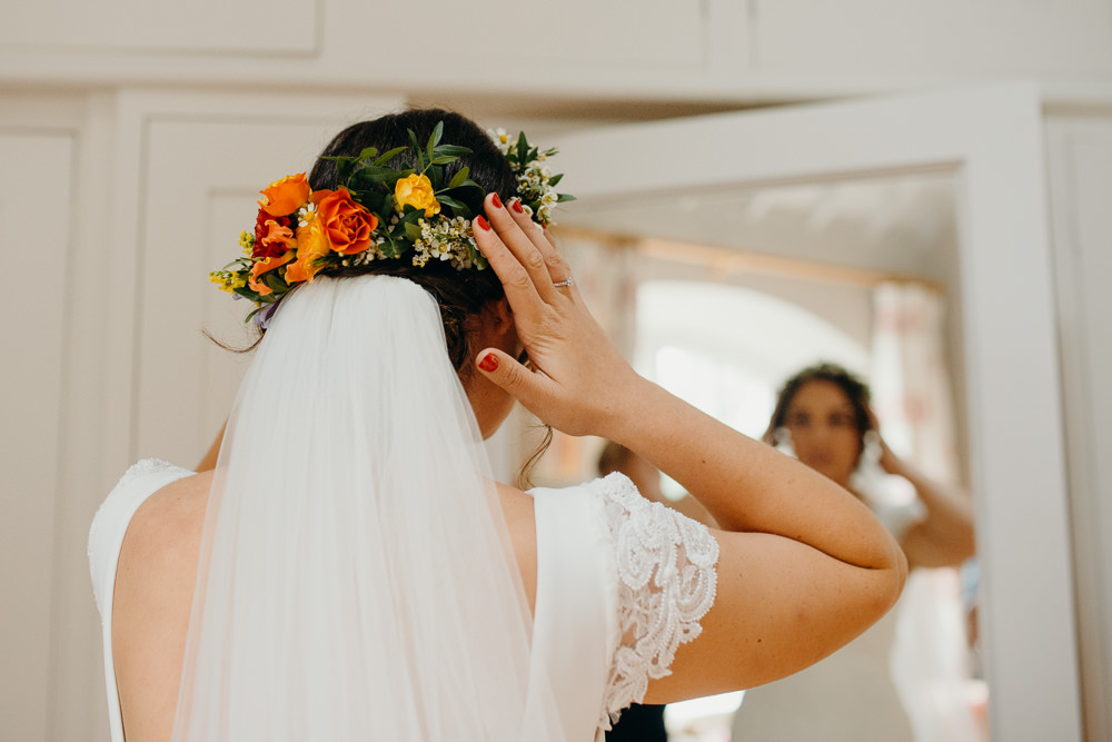 Bride Bridal Hair Flowers Veil Colourful Stretch Tent Wedding Peter Mackey Photography