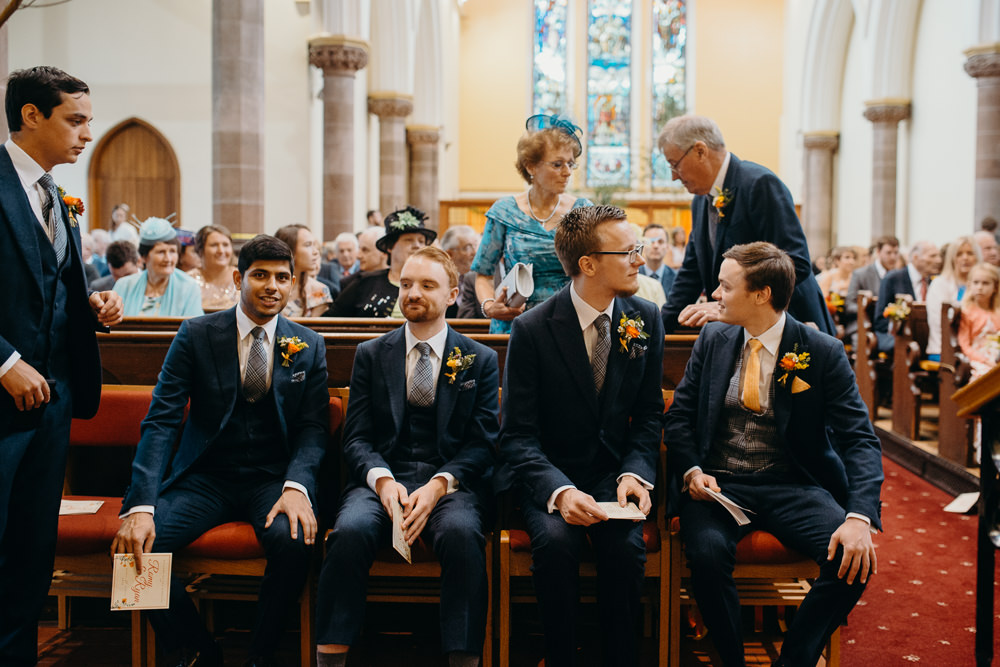 Groom Groomsmen Suits Navu Waistcoat Yellow Tie Colourful Stretch Tent Wedding Peter Mackey Photography