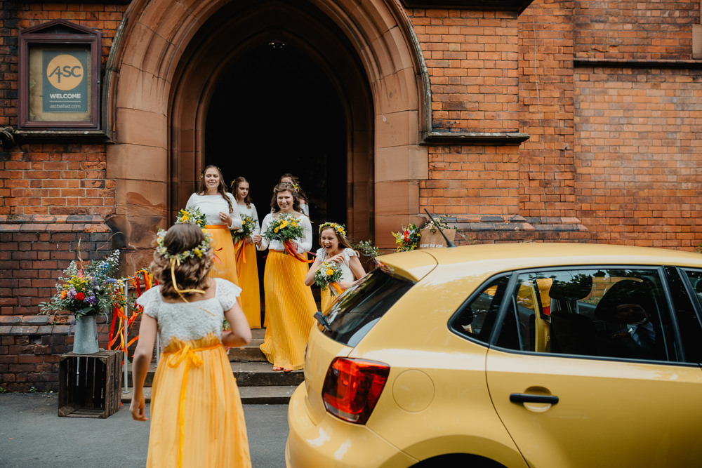 Yellow Bridesmaid Bridesmaids Dress Dresses Skirts Colourful Stretch Tent Wedding Peter Mackey Photography