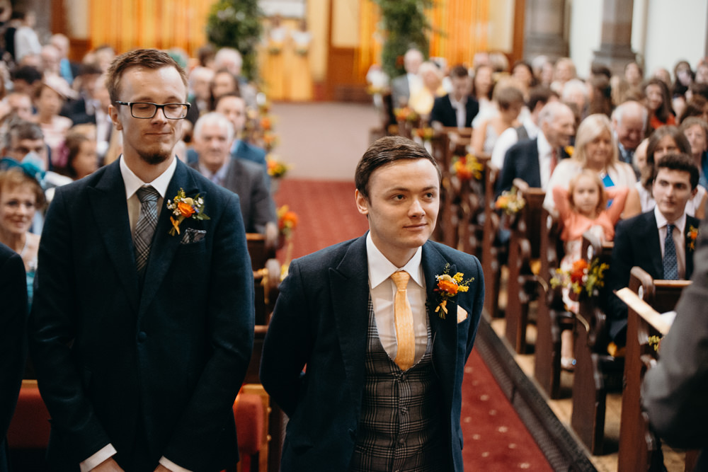 Groom Groomsmen Suits Navu Waistcoat Yellow Tie Colourful Stretch Tent Wedding Peter Mackey Photography