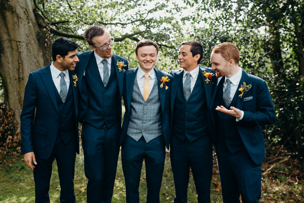 Groom Groomsmen Suits Navu Waistcoat Yellow Tie Colourful Stretch Tent Wedding Peter Mackey Photography