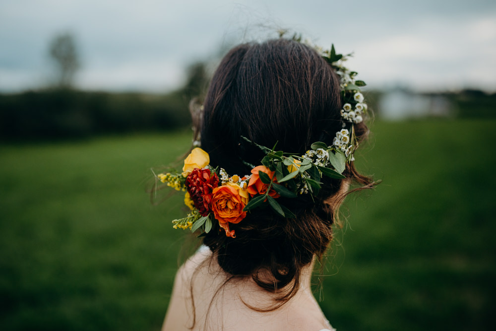 Hair Bride Bridal Flower Crown Flowers Style Up Do Colourful Stretch Tent Wedding Peter Mackey Photography