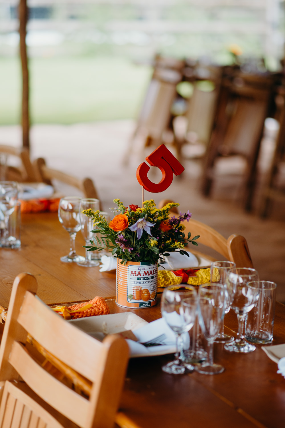 Table Number Tin Can Flowers Centrepiece Colourful Stretch Tent Wedding Peter Mackey Photography