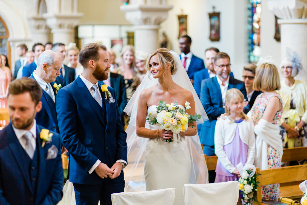 Bride Bridal Sweetheart Neckline Fit And Flare Fishtail Dress Gown Blue Suit Groom Veil Bouquet Creative Summer Wedding Gemma Giorgio Photography