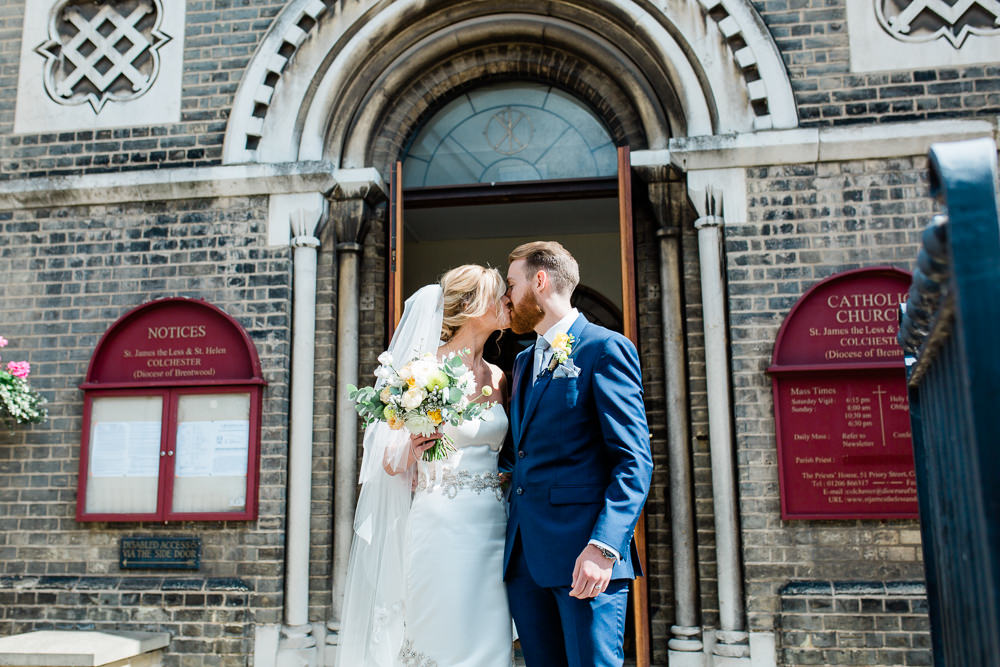 Bride Bridal Sweetheart Neckline Fit And Flare Fishtail Dress Gown Blue Suit Groom Veil Bouquet Crystal Embellishment Creative Summer Wedding Gemma Giorgio Photography