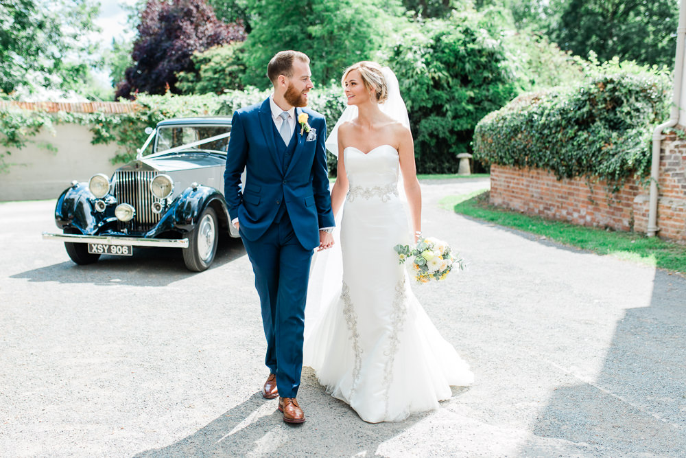 Bride Bridal Sweetheart Neckline Fit And Flare Fishtail Dress Gown Blue Suit Groom Veil Bouquet Embellishment Creative Summer Wedding Gemma Giorgio Photography