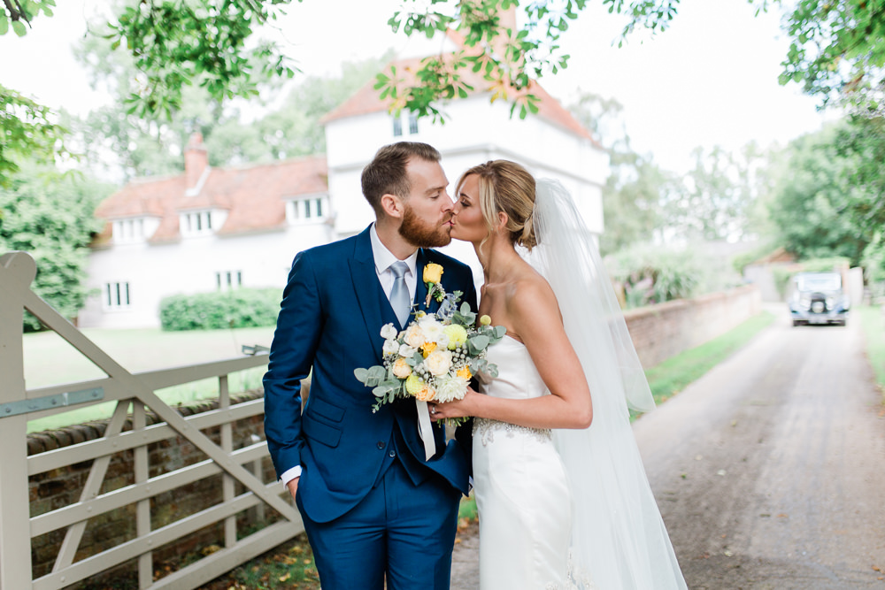 Bride Bridal Sweetheart Neckline Fit And Flare Fishtail Dress Gown Blue Suit Groom Veil Bouquet Creative Summer Wedding Gemma Giorgio Photography