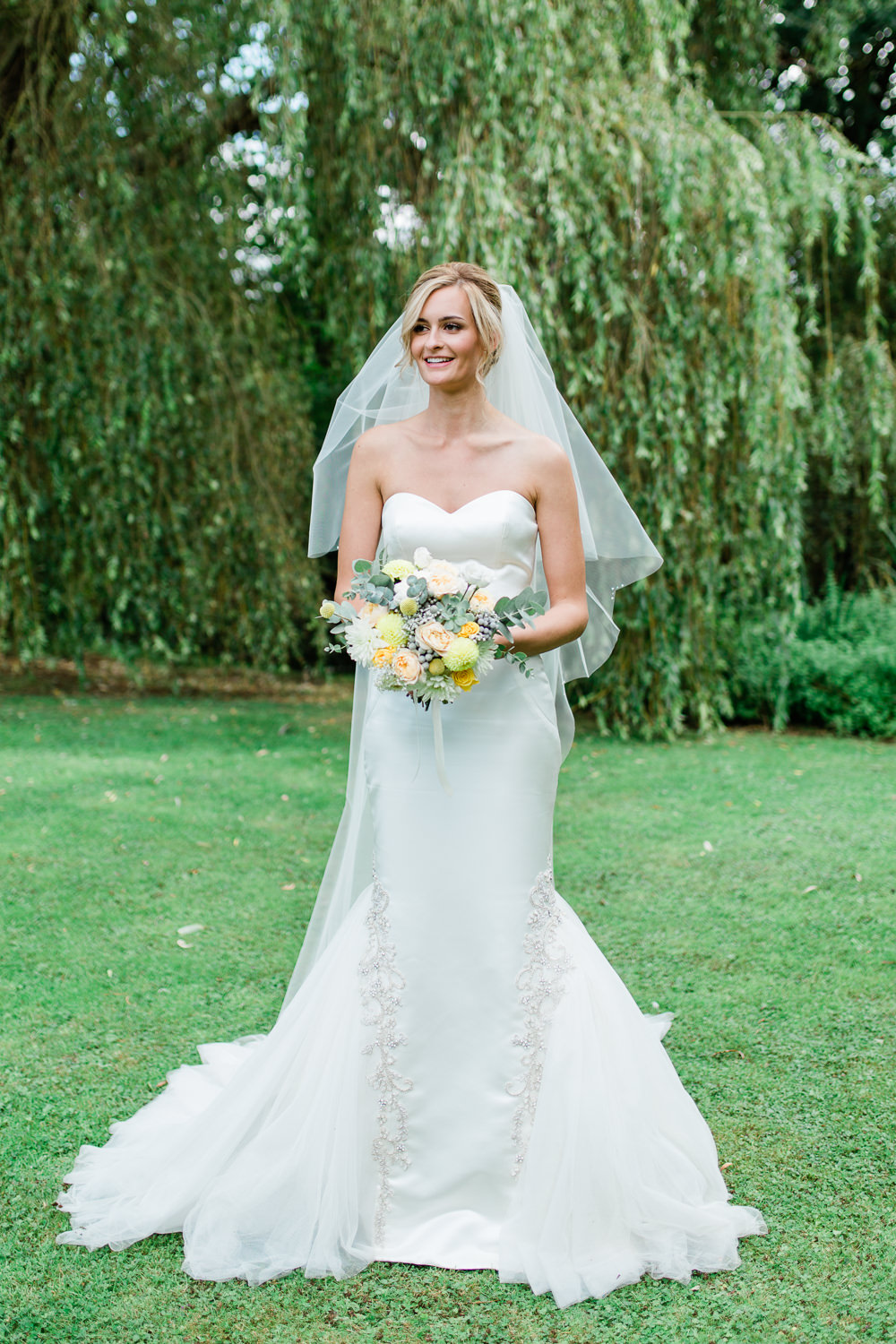 Bride Bridal Sweetheart Neckline Fit And Flare Fishtail Dress Gown Veil Bouquet Creative Summer Wedding Gemma Giorgio Photography