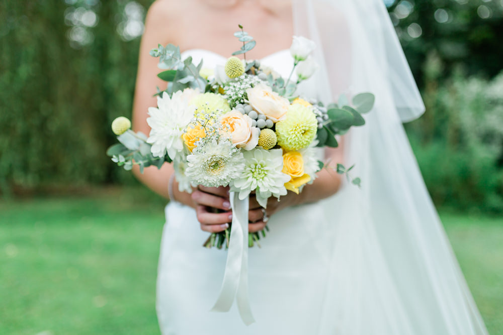 Peach Yellow Flowers Floral Bouquet Eucalyptus Ribbon Creative Summer Wedding Gemma Giorgio Photography