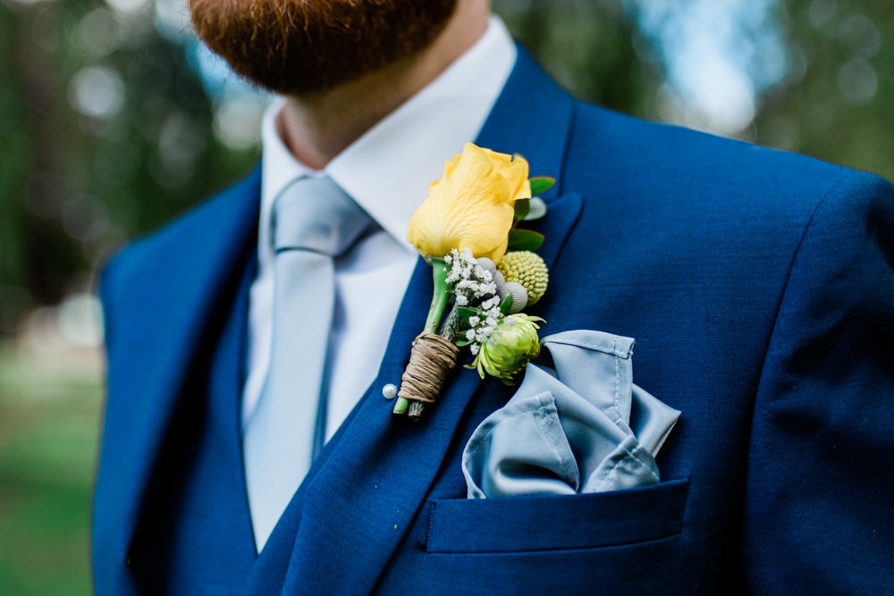 Yellow Rose Buttonhole Gypsophila Twine Blue Silk Pocket Square Creative Summer Wedding Gemma Giorgio Photography