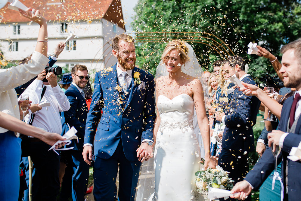 Bride Bridal Sweetheart Neckline Fit And Flare Fishtail Dress Gown Blue Suit Groom Veil Bouquet Confetti Creative Summer Wedding Gemma Giorgio Photography