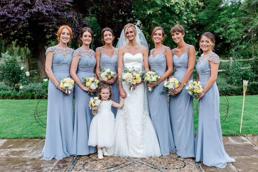 Bride Bridal Sweetheart Neckline Fit And Flare Fishtail Dress Gown Veil Bouquet Steel Grey Blue Bridesmaids Beaded Flower Girl White Creative Summer Wedding Gemma Giorgio Photography