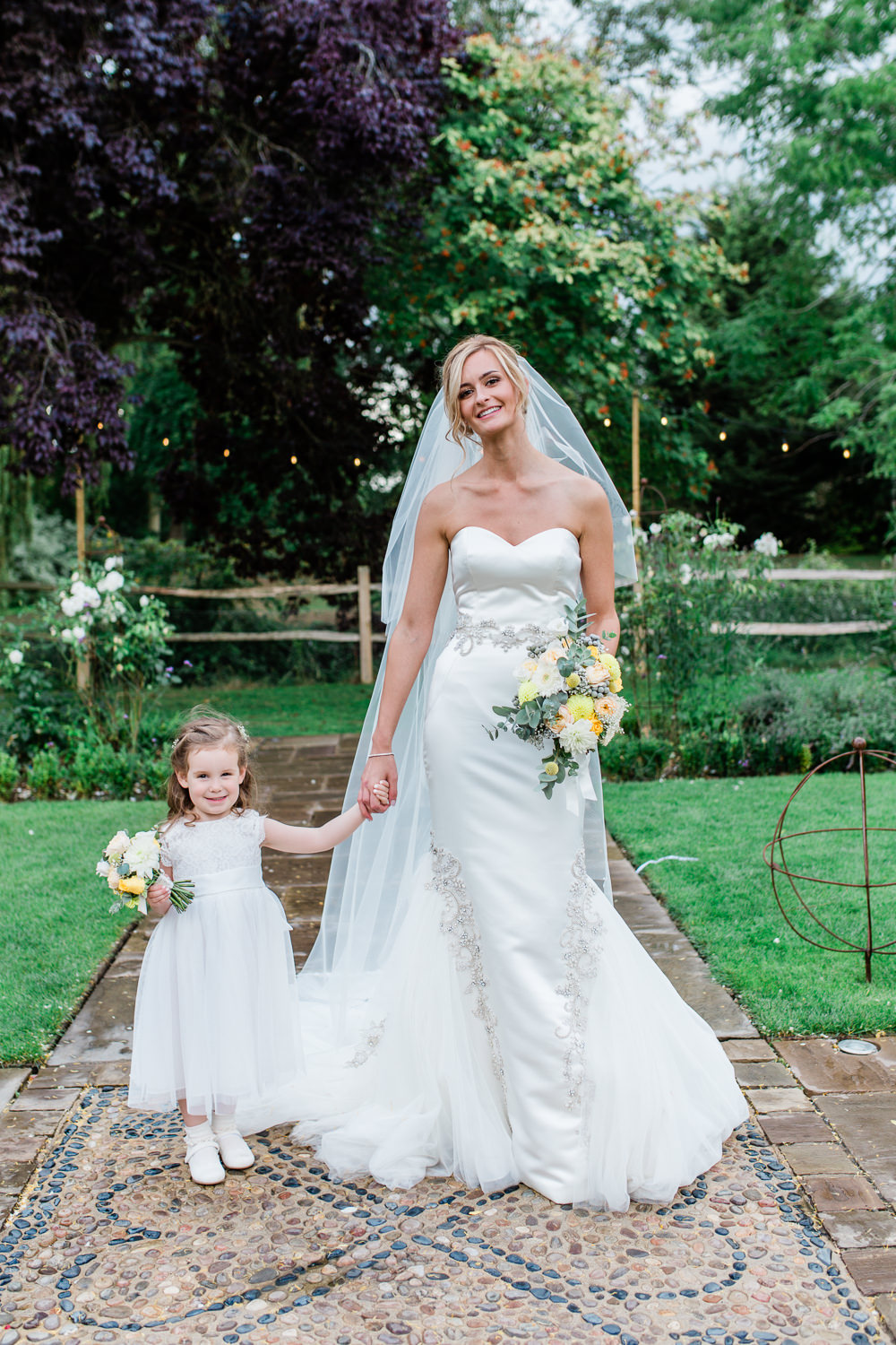 Bride Bridal Sweetheart Neckline Fit And Flare Fishtail Dress Gown Flower Girl White Veil Bouquet Creative Summer Wedding Gemma Giorgio Photography