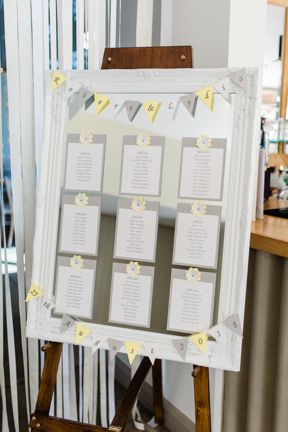 Table Plan Bunting Grey Yellow Frame Mirror Seating Chart Creative Summer Wedding Gemma Giorgio Photography