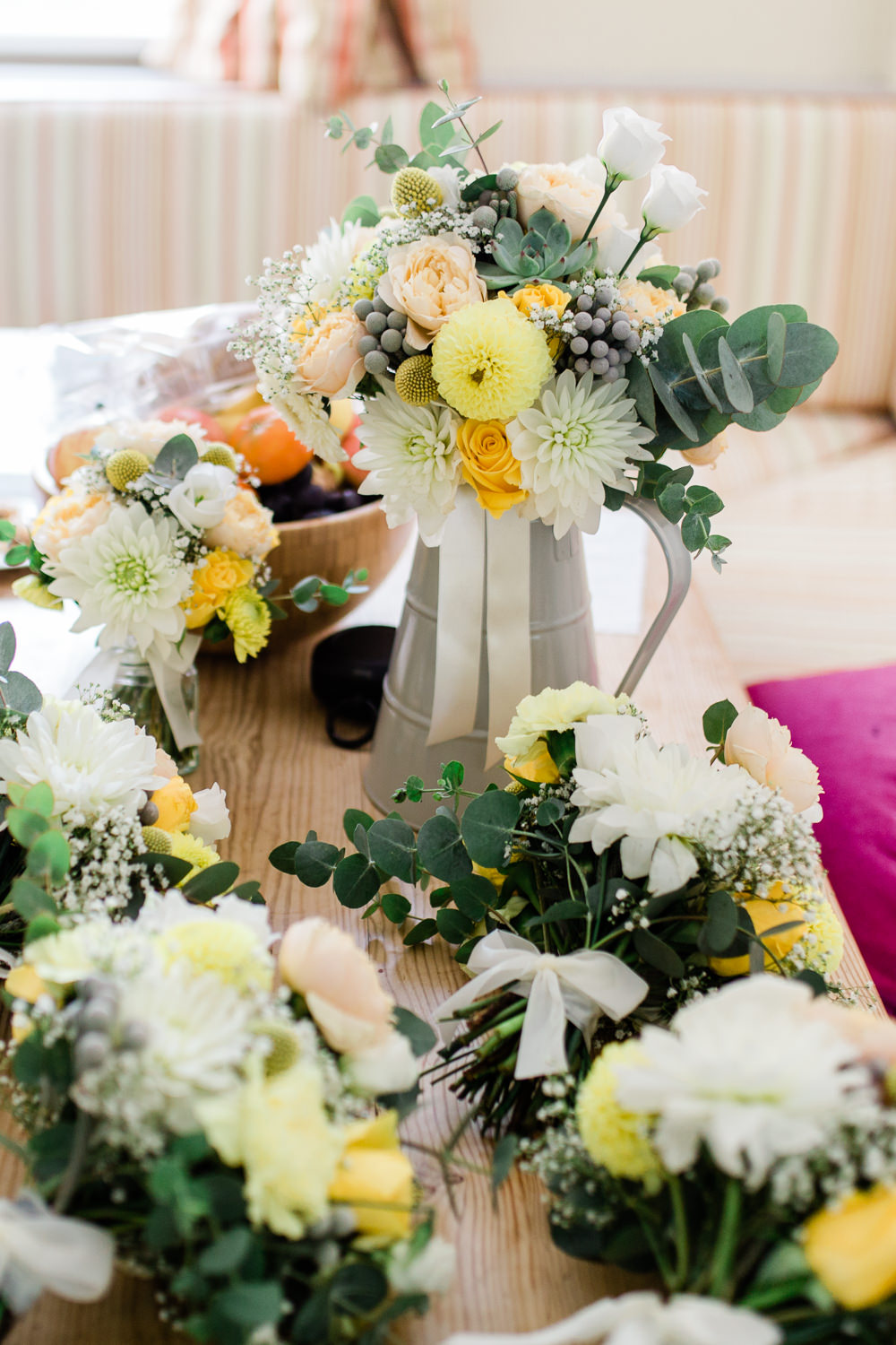 Flowers Floral Yellow White Galvanised Metal Jug Eucalyptus Creative Summer Wedding Gemma Giorgio Photography