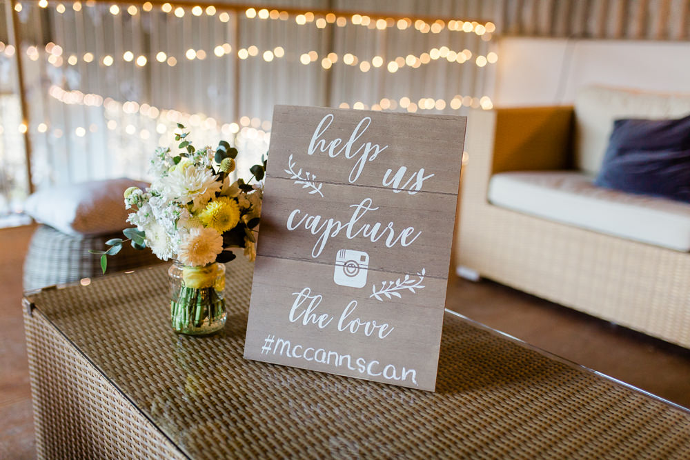 Wooden Instagram Sign Calligraphy Hashtag Jam Jar Flowers Florals Yellow Creative Summer Wedding Gemma Giorgio Photography