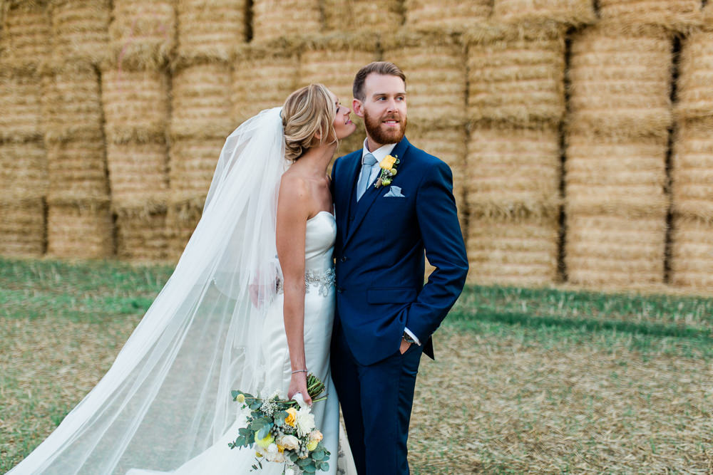 Bride Bridal Sweetheart Neckline Fit And Flare Fishtail Dress Gown Blue Suit Groom Veil Bouquet Creative Summer Wedding Gemma Giorgio Photography