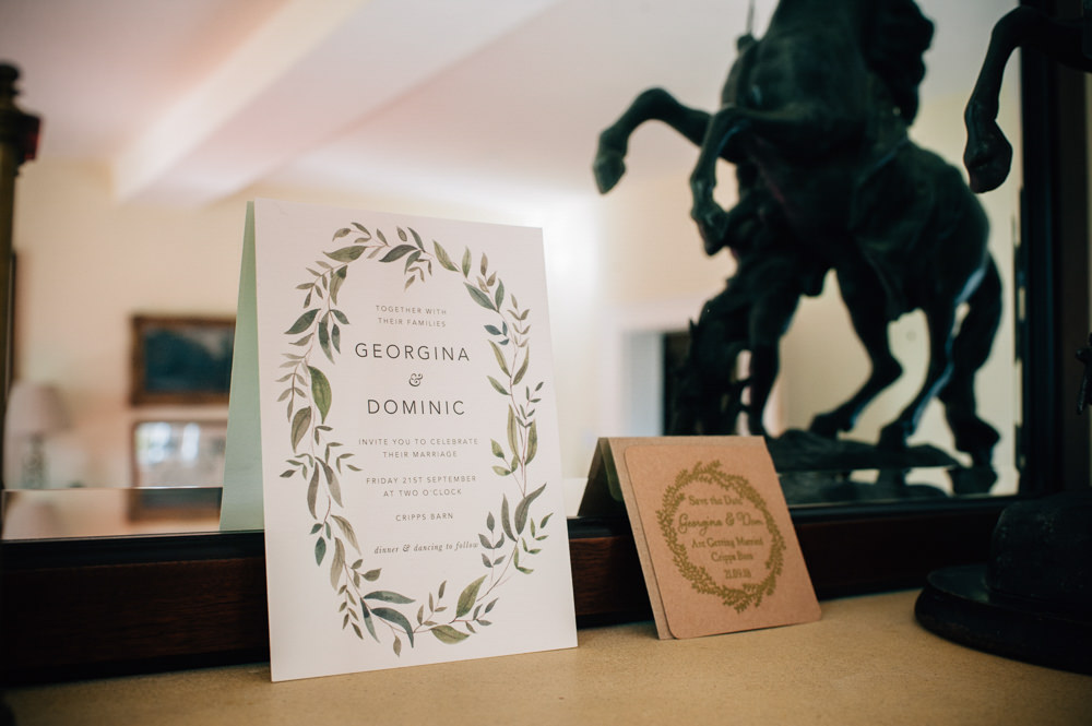 Botanical Leaf Greenery Wreath Stationery Invite Invitation Cripps Barn Wedding Isobel Murphy Photography