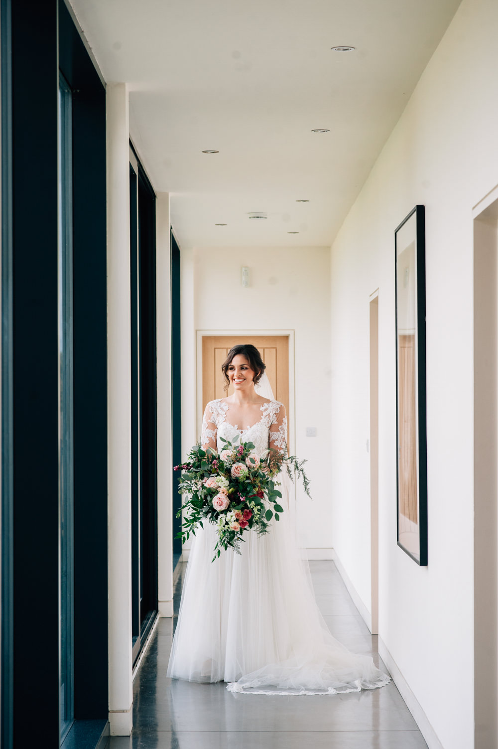 Dress Gown Bride Bridal Sheer Open Back Lace Sleeves Veil Cripps Barn Wedding Isobel Murphy Photography