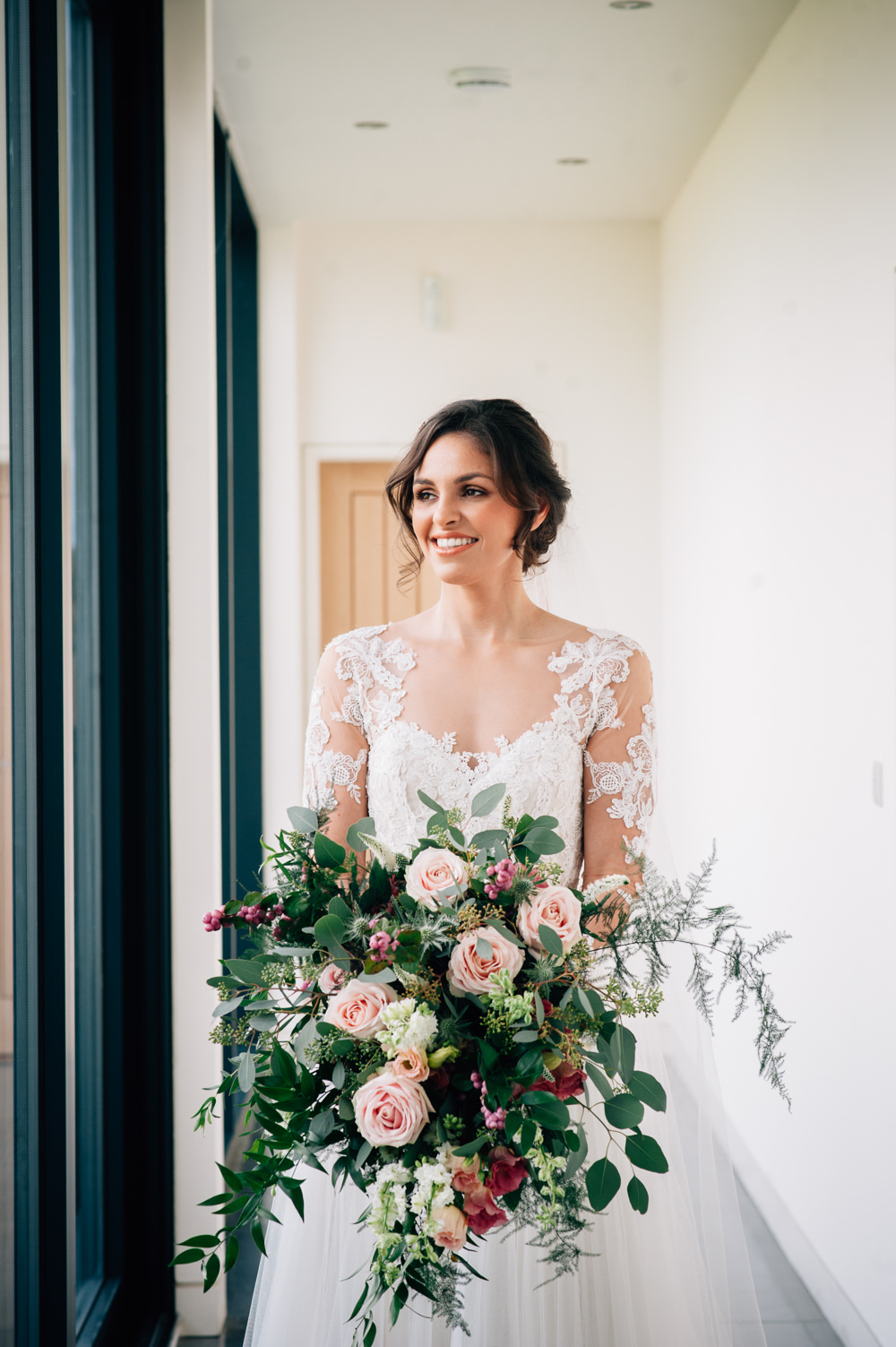 Bouquet Flowers Bride Bridal Pink Blush White Greenery Foliage Rose Berries Cripps Barn Wedding Isobel Murphy Photography