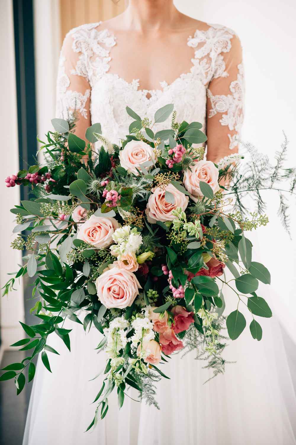 Bouquet Flowers Bride Bridal Pink Blush White Greenery Foliage Rose Berries Cripps Barn Wedding Isobel Murphy Photography