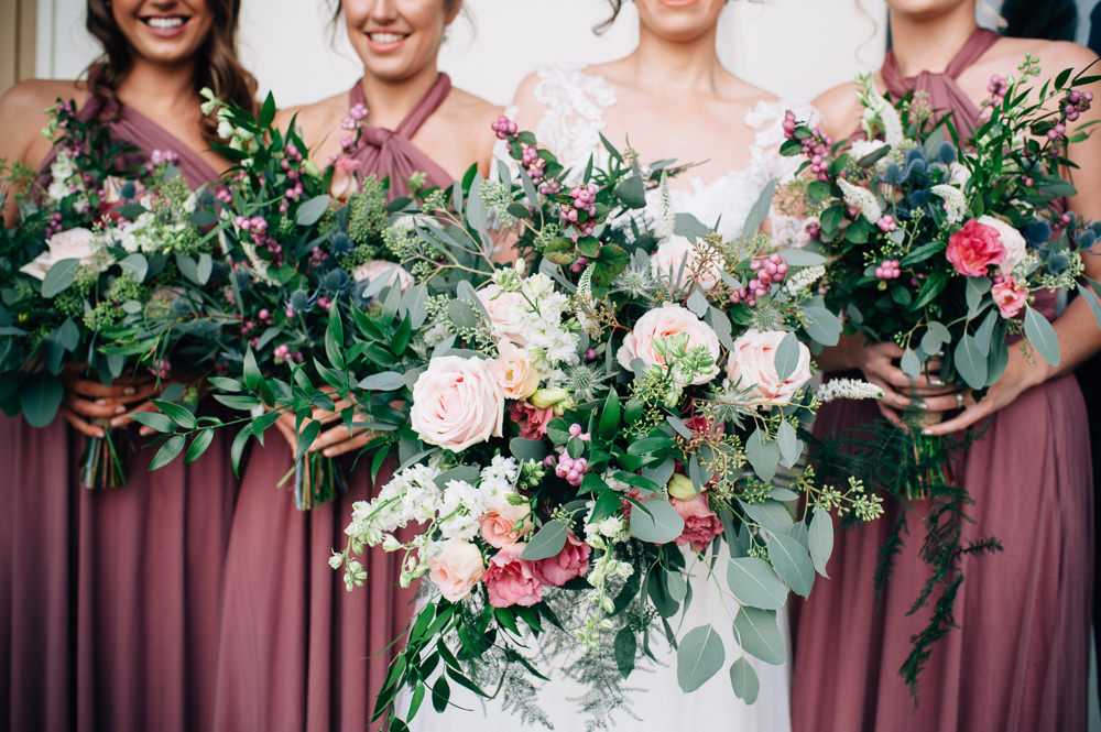 Bouquet Flowers Bride Bridal Pink Blush White Greenery Foliage Rose Berries Bridesmaids Cripps Barn Wedding Isobel Murphy Photography