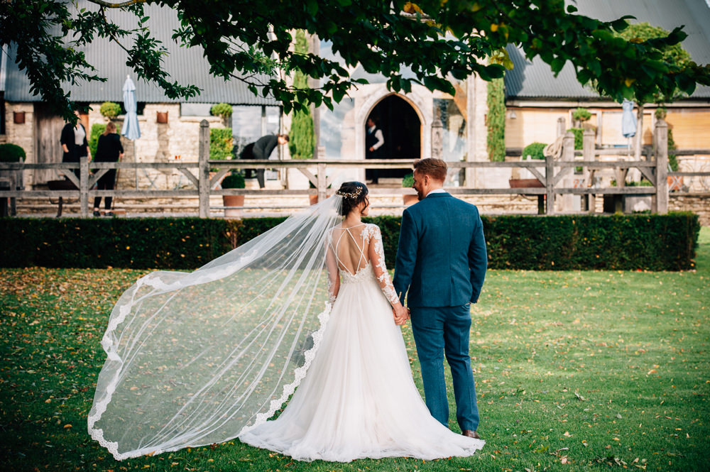 Dress Gown Bride Bridal Sheer Open Back Lace Sleeves Veil Cripps Barn Wedding Isobel Murphy Photography