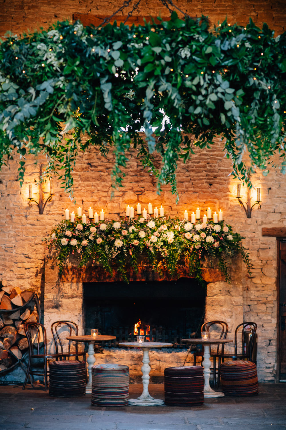 Greenery Foliage Hoop Chandelier Cripps Barn Wedding Isobel Murphy Photography