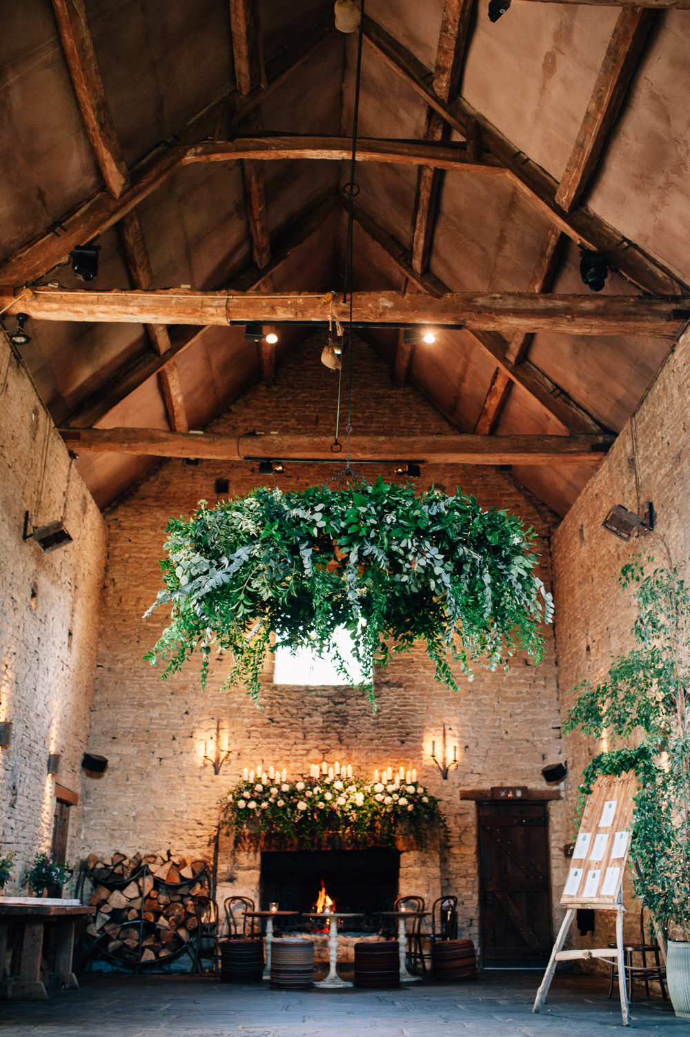 Greenery Foliage Hoop Chandelier Cripps Barn Wedding Isobel Murphy Photography